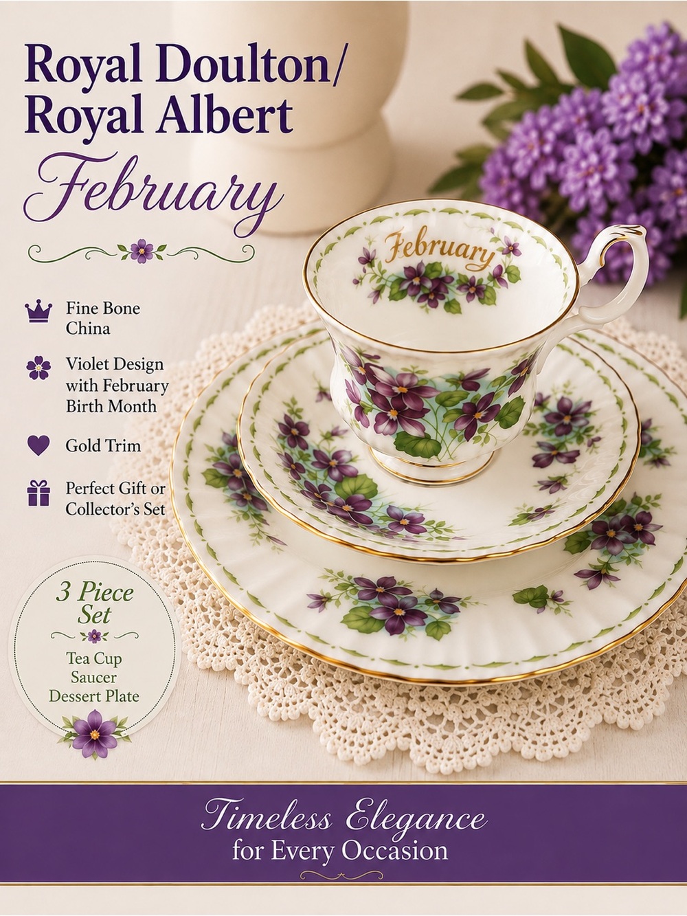 Royal Albert February “Violets” | Flower of the Month 3-Piece Tea Set